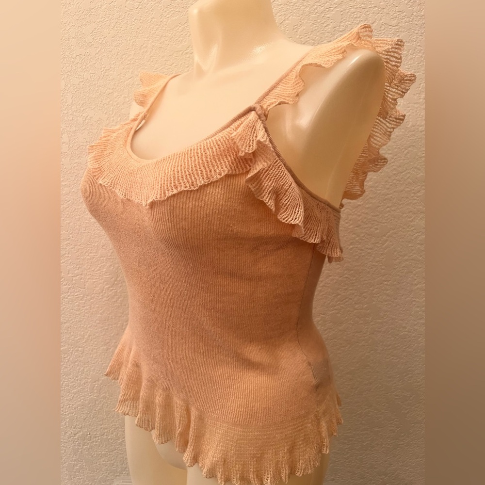 Ralph Lauren Ruffle Camisole XL Knit Tank Top Linen Blend Templeto Tan EUC - Picture 4 of 8